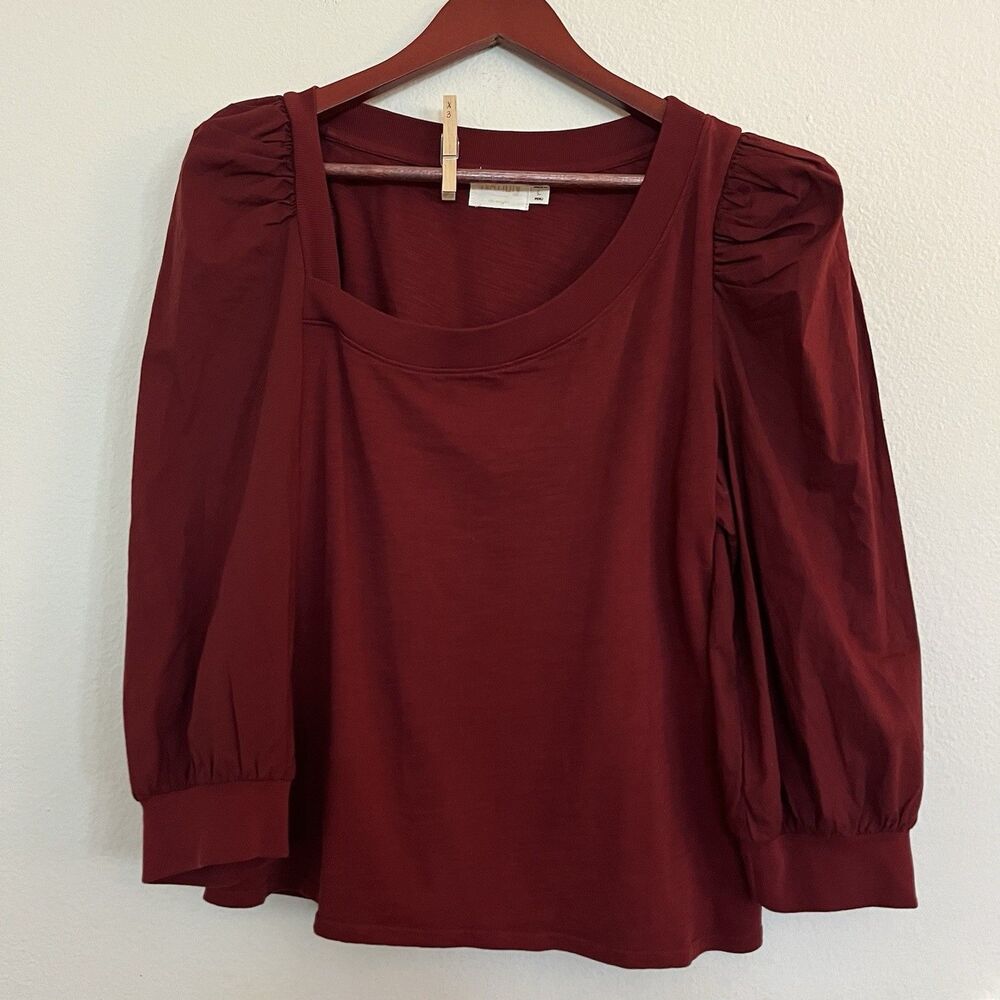 Nation LTD SZ L Red Tori Asymmetric Neck Combo Puff Sleeve Cotton Top Peru